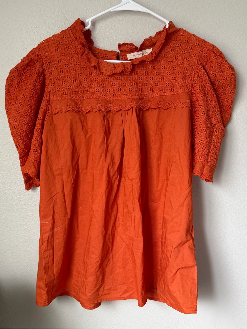 Solitaire Pumpkin Orange Crochet Puff Sleeve Peasant Top Women’s XL Cottagecore